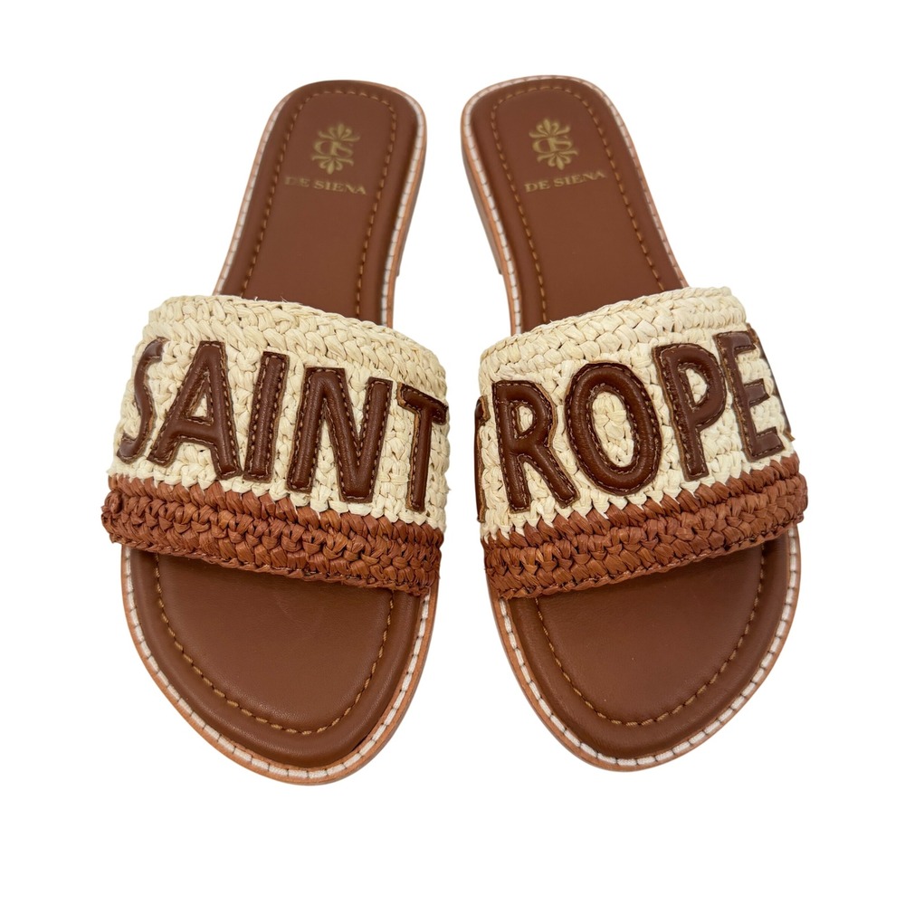 De Siena Saint Tropez Raffia Slide Sandals Tan Brown Leather Flat Slides EU 37